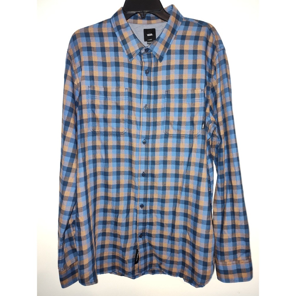 Vans Off The Wall Mens XL Tailored Fit Plaid Flannel Shirt Blue Brown Check L/S